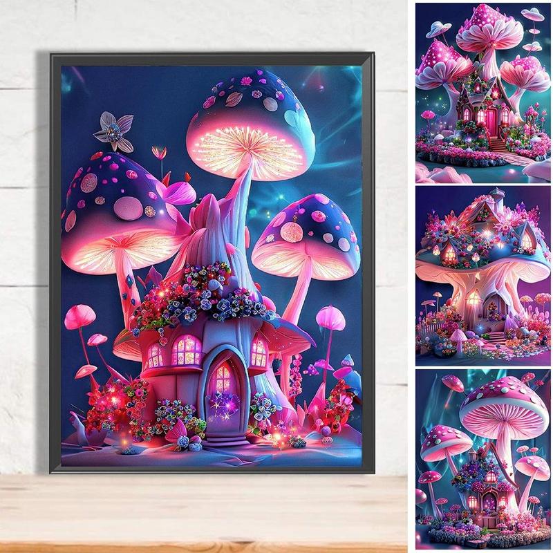 Mushroom House Pattern DIY Diamond Arts Colorful Painting Without Frame, 4 Counts set DIY 5D Diamond Arts Colorful Painting Kit, Wall Art Decor For Home Living Room Bedroom