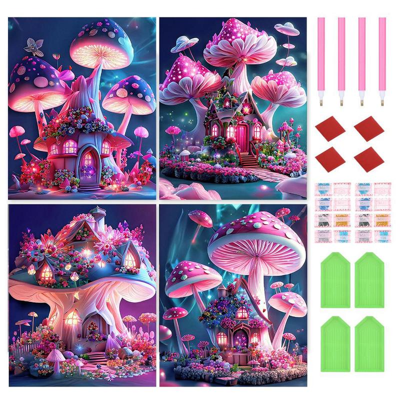 Mushroom House Pattern DIY Diamond Arts Colorful Painting Without Frame, 4 Counts set DIY 5D Diamond Arts Colorful Painting Kit, Wall Art Decor For Home Living Room Bedroom