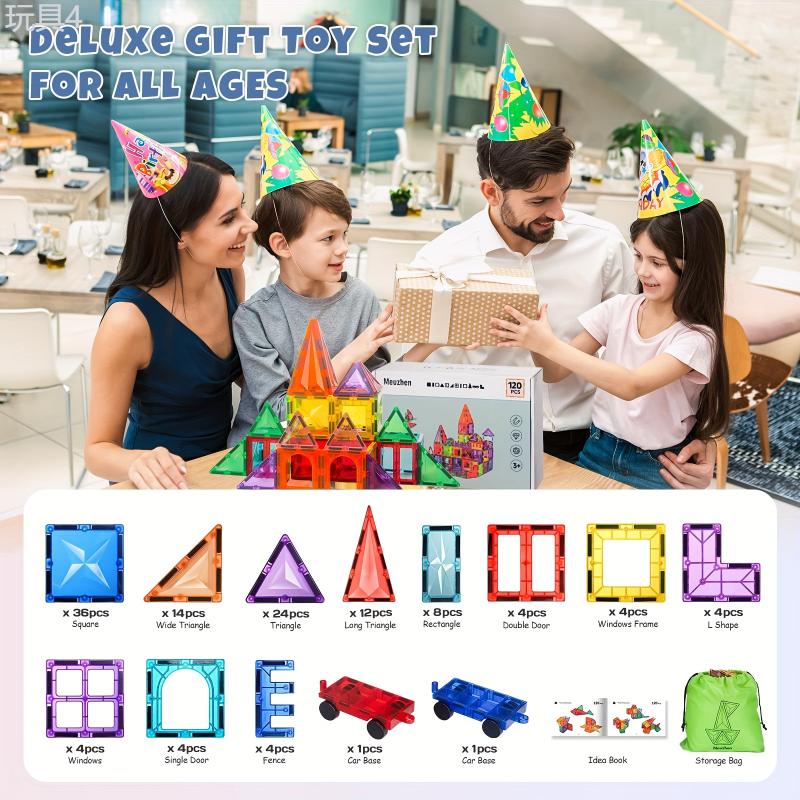 120 102 80PCS Deluxe Magnetic Tiles With 2 Cars Toy Set, 3D Diamond Magnet Tiles Building Blocks, Toys For 3 - 8 Years, STEM Preschool Kids Sensory Educational Toys Gift For Boys Girls