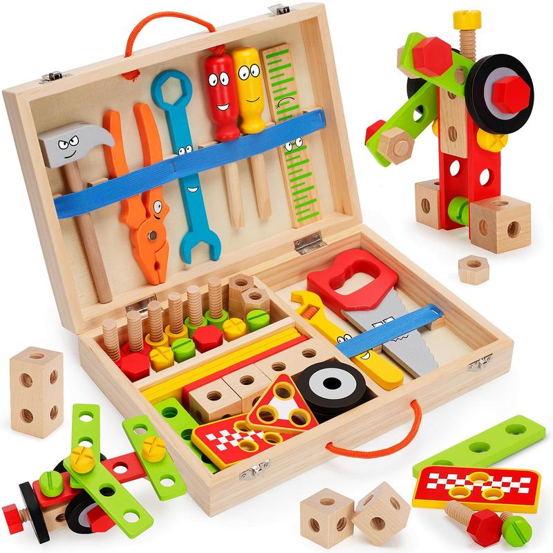 Tool Kit for Kids, 43 Pack Wooden Toddler Tools Set Include Tool Box, Montessori Stem Learning Educational Construction Toys for 3 4 5 6 Year Old Boys Girls, Christmas Birthday Gift for Kids