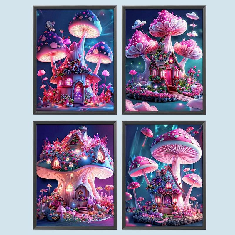 Mushroom House Pattern DIY Diamond Arts Colorful Painting Without Frame, 4 Counts set DIY 5D Diamond Arts Colorful Painting Kit, Wall Art Decor For Home Living Room Bedroom