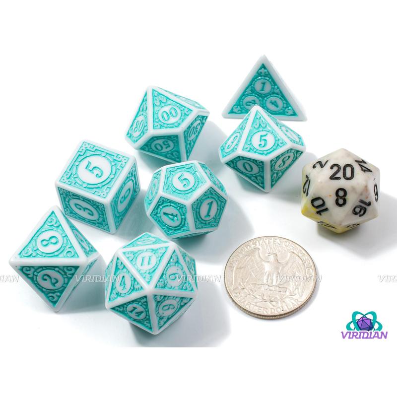 Turquoise Fizz  | Roaring 20s: Stylized Bright Teal & White | Acrylic Dice Set (7)