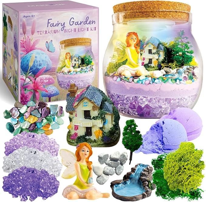 Fairy Garden Light Up Terrarium Kit for Kids I Girls Toys Craft Kits for Kids I Night Light for Kids Crystal Growing Kit I Terrarium Jar Christmas Gifts for Kids I Birthday Gifts for Girls Age 5-12