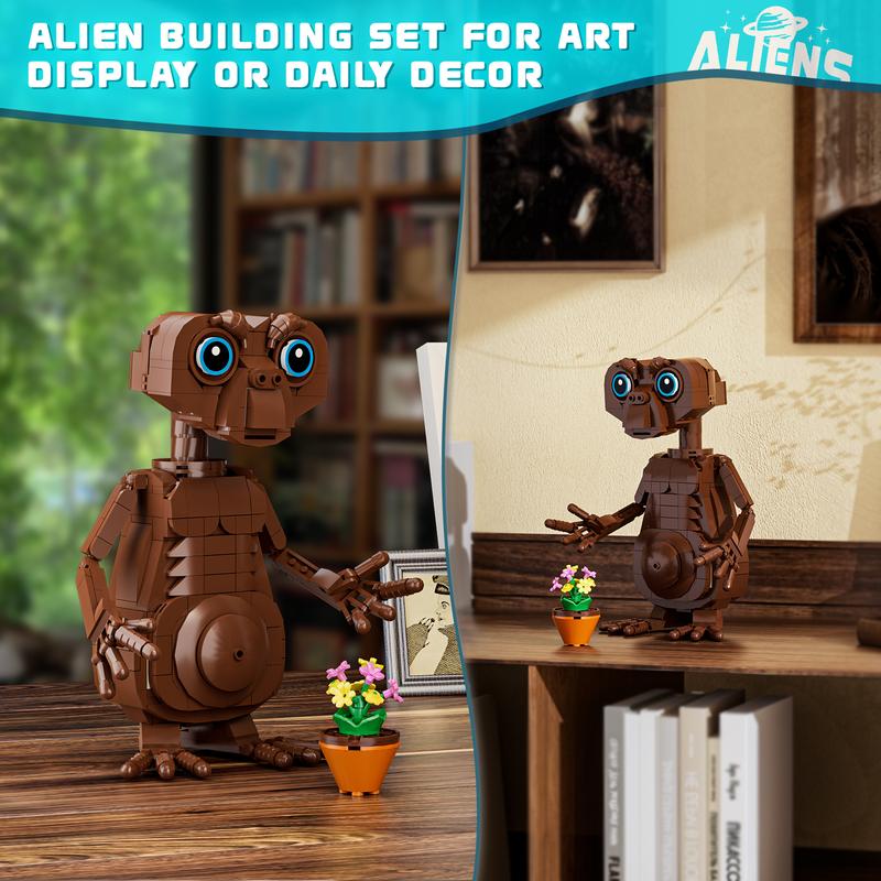 Strange Alien Building Block Set with Flower Basket for Adults, Construction Figure Building Set for Collectors, Sci-Fi Figure Merch for Kids, Educational Surprise Toy for Christmas Birthday Present building block stress relief