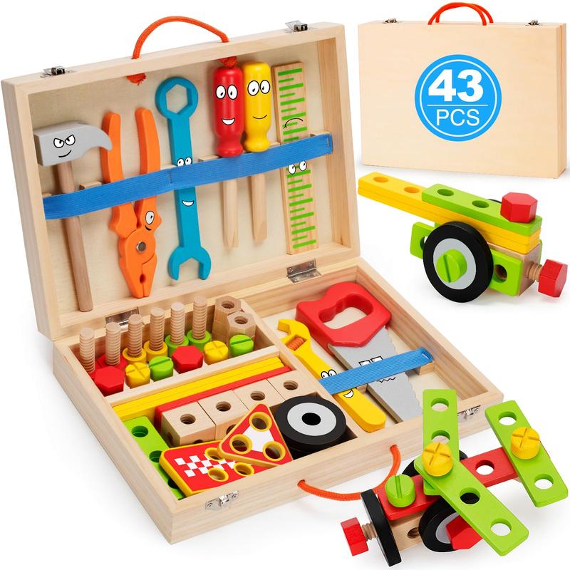 Tool Kit for Kids, 43 Pack Wooden Toddler Tools Set Include Tool Box, Montessori Stem Learning Educational Construction Toys for 3 4 5 6 Year Old Boys Girls, Christmas Birthday Gift for Kids