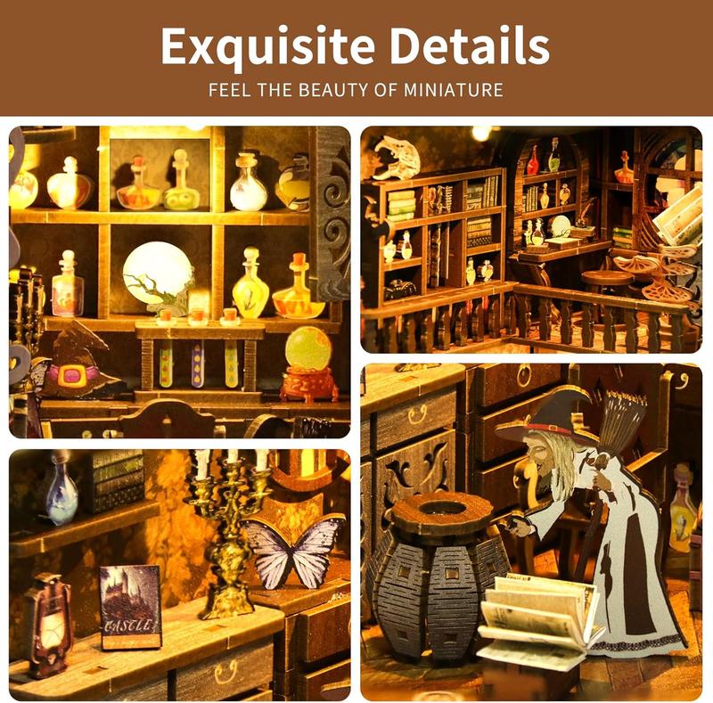 Book Nook Kit - Magic Night, 3D Wooden Puzzle Bookends with LED Lights, DIY Miniature Dollhouse Kits, Bookshelf Decorations and Gift Ideas for Adults, Book Lovers, and Teenagers 14+ Years Old