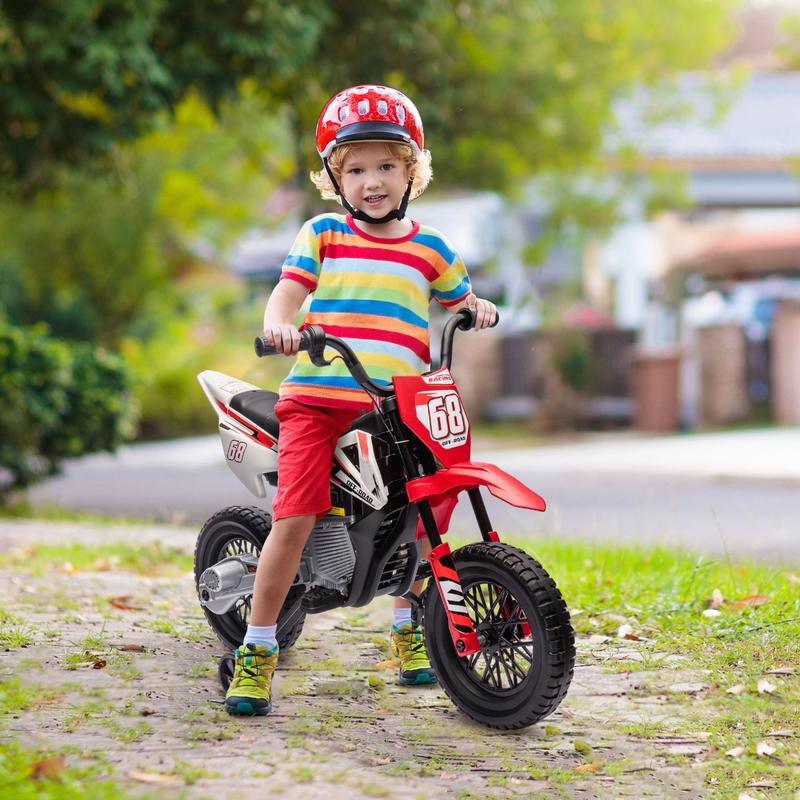 Kids Dirt Bike with Twist Grip Throttle, 12V Electric Motorcycle, Electric Bike for Toddler with Training Wheels, Rear Suspension & Music for Ages 3-6 Years, Red