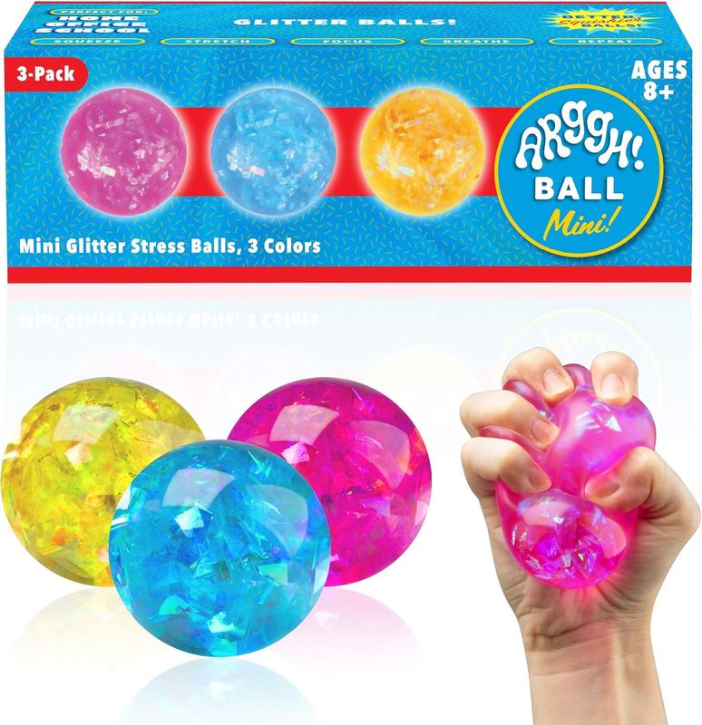 Arggh Glitter Mini Stress Balls - 3pk Squishy Toys for Adults and Kids - Sensory and Stress Relief Fidget Toys (Yellow, Pink, Blue)