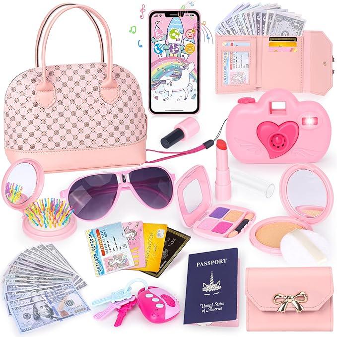 CRISTMAS GIFT 35PCS Little Girl Purse Toy Set with Pretend Makeup and Accessories - Perfect for Imaginative Play and Pretending to be Just Like Mom!