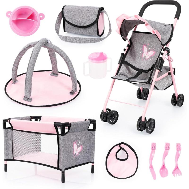 Bayer Design Dolls: Buggy 10 Piece Set - Grey, Pink, Butterfly - Stroller, Play Mat, Bed & Accessories Set for Dolls Up to 18