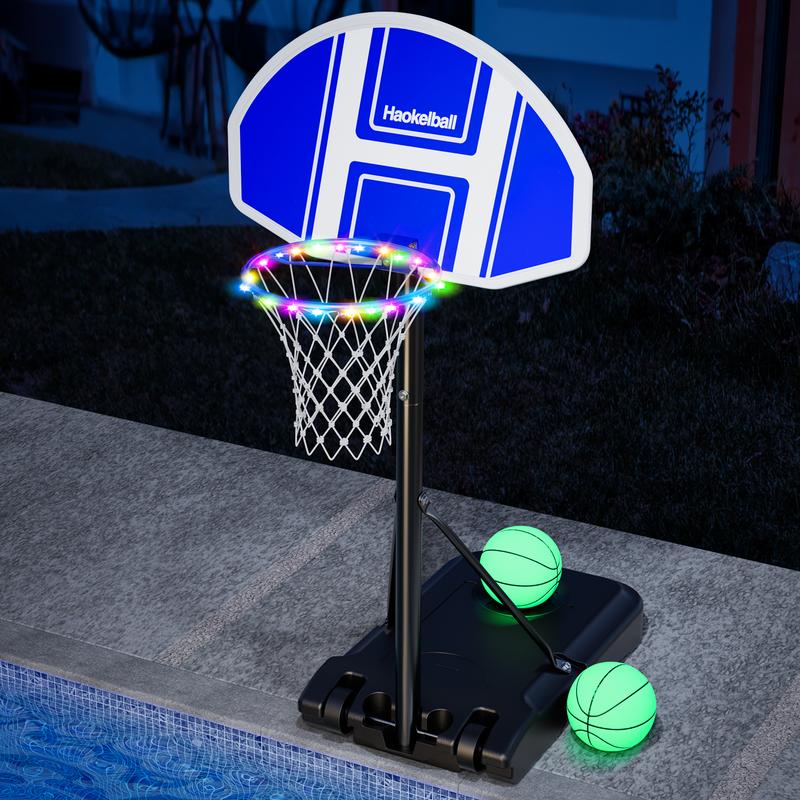 Poolside Basketball Hoop with Light Adjustable Height 45''-59'' Swimming Pool Basketball Hoop Goal System with 2 Balls and Pump