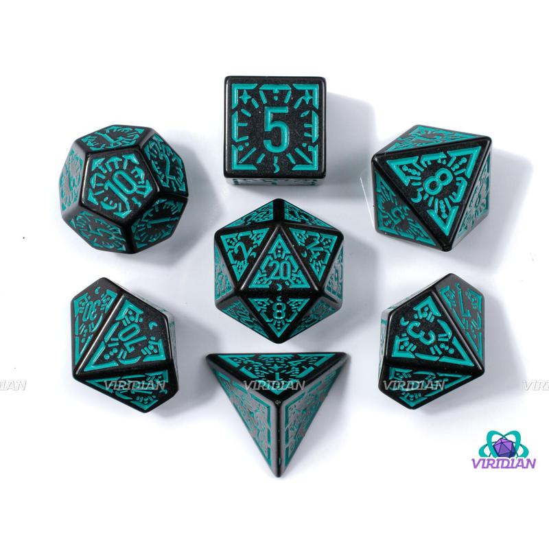 Cyan Night Stars | Black and Teal Ornate Star Design | Acrylic Dice Set (7)