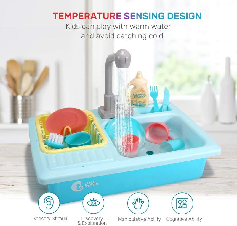 CUTE STONE Color Changing Kitchen Sink Toys, ren Electric Dishwasher Playing Toy with Running Water, Upgraded Faucet, Automatic Water Cycle System