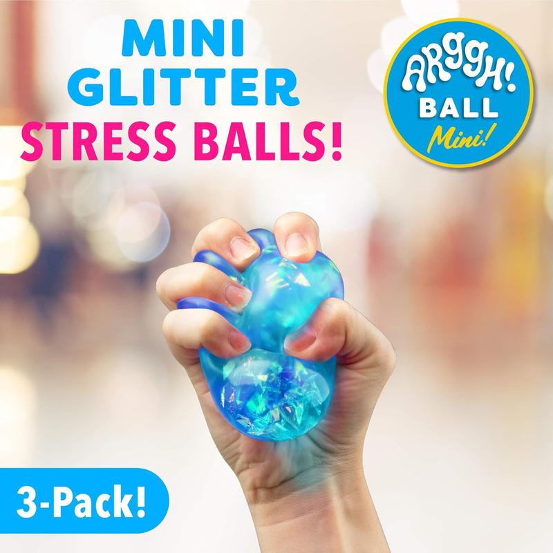 Arggh Glitter Mini Stress Balls - 3pk Squishy Toys for Adults and Kids - Sensory and Stress Relief Fidget Toys (Yellow, Pink, Blue)