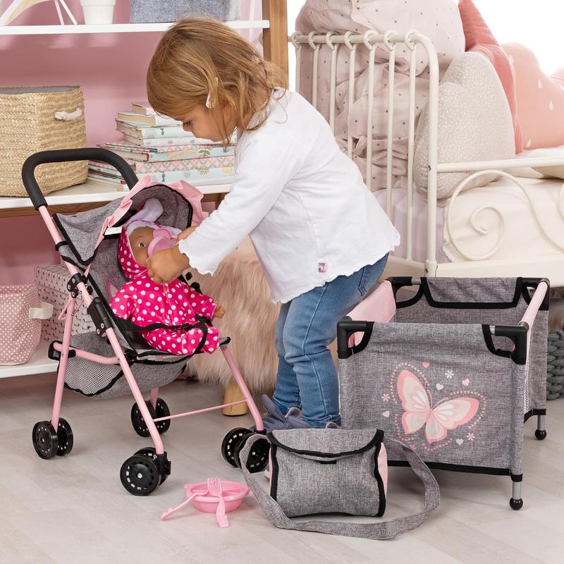 Bayer Design Dolls: Buggy 10 Piece Set - Grey, Pink, Butterfly - Stroller, Play Mat, Bed & Accessories Set for Dolls Up to 18