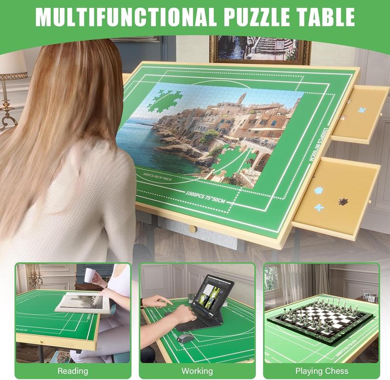 1500 Piece Jigsaw Puzzle Table with Legs, Adjustable 5-Tilting-Angle Board with 6 Drawers with 4 Wheels for Adults