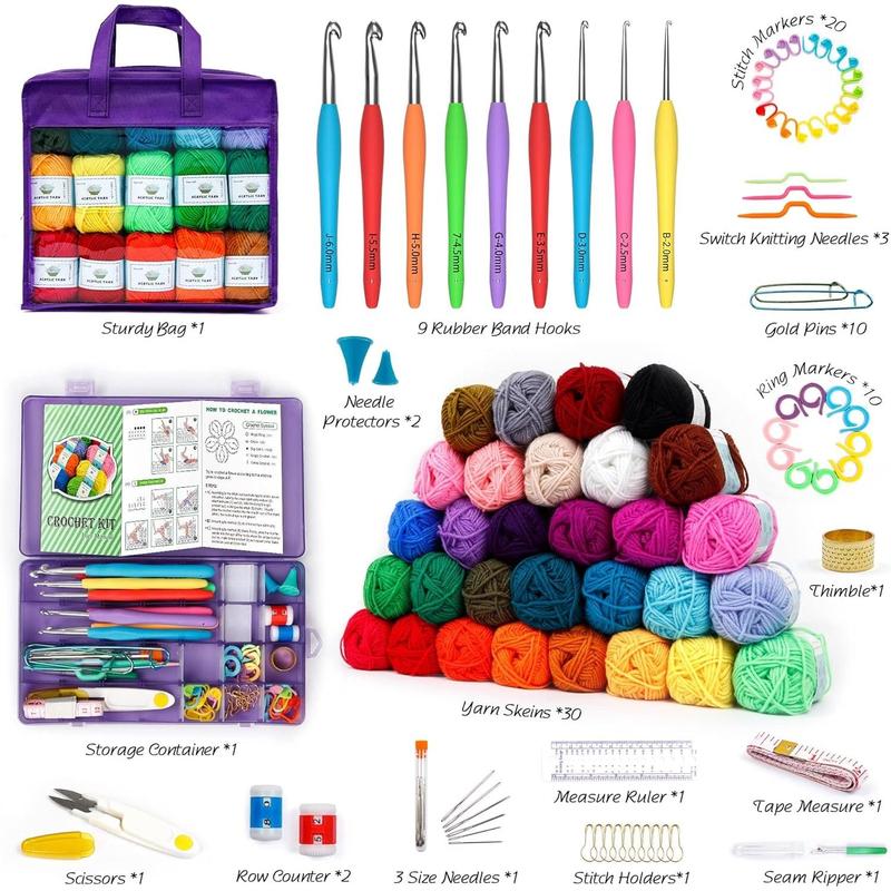 Crochet Yarn Kit for Beginners Adults & , Includes 1650 Yards 30 Colors  Skeins, Hooks, Purple Bag etc, Make Amigurumi & Crocheting Projects, Starter Set for Professionals