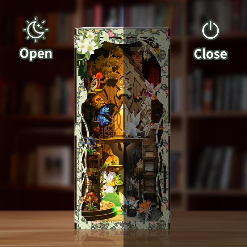 Forest Mystery Book Nook Kit, 1 Box 3D Wooden Puzzle Bookend, DIY Miniature Building Kit with Dust Cover and LED Lights, Bookshelf Decorations