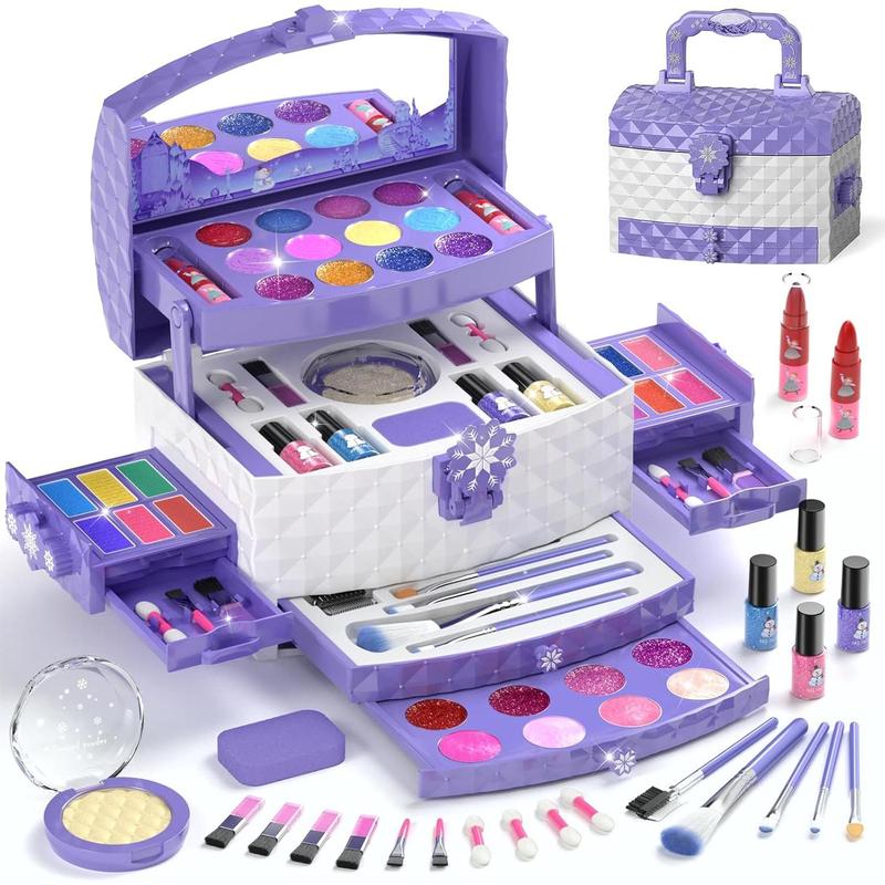 PERRYHOME Kids Makeup Set for Girl 56 Pcs Washable Real Cosmetic, Safe & Non-Toxic Frozen Toys Toddler Makeup Kit, Frozen Princess Dress up Kit Christmas & Birthday Girl Gift for 3-12 (Frozen Purple)