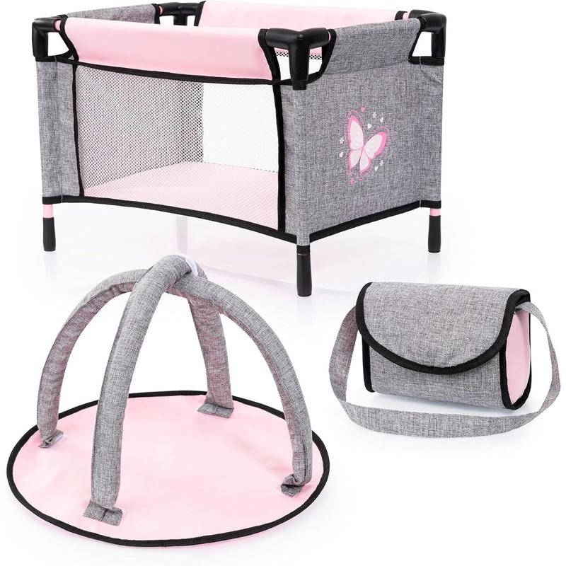 Bayer Design Dolls: Buggy 10 Piece Set - Grey, Pink, Butterfly - Stroller, Play Mat, Bed & Accessories Set for Dolls Up to 18