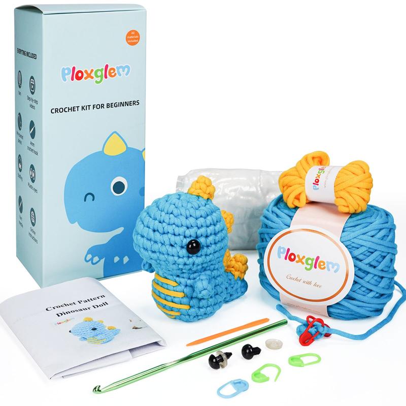 PLOXGLEM Crochet Kit for Beginners: DIY All in One Crochet Knitting Kit Learn to Crochet Set for Adults and Kids with Easy to Crochet Yarn and Hook Step-by-Step Video Tutorials-Cute Dinosaur