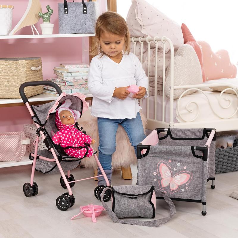 Bayer Design Dolls: Buggy 10 Piece Set - Grey, Pink, Butterfly - Stroller, Play Mat, Bed & Accessories Set for Dolls Up to 18