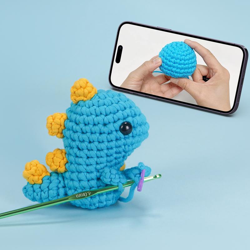 PLOXGLEM Crochet Kit for Beginners: DIY All in One Crochet Knitting Kit Learn to Crochet Set for Adults and Kids with Easy to Crochet Yarn and Hook Step-by-Step Video Tutorials-Cute Dinosaur