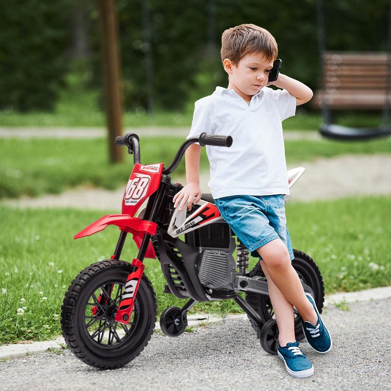 Kids Dirt Bike with Twist Grip Throttle, 12V Electric Motorcycle, Electric Bike for Toddler with Training Wheels, Rear Suspension & Music for Ages 3-6 Years, Red