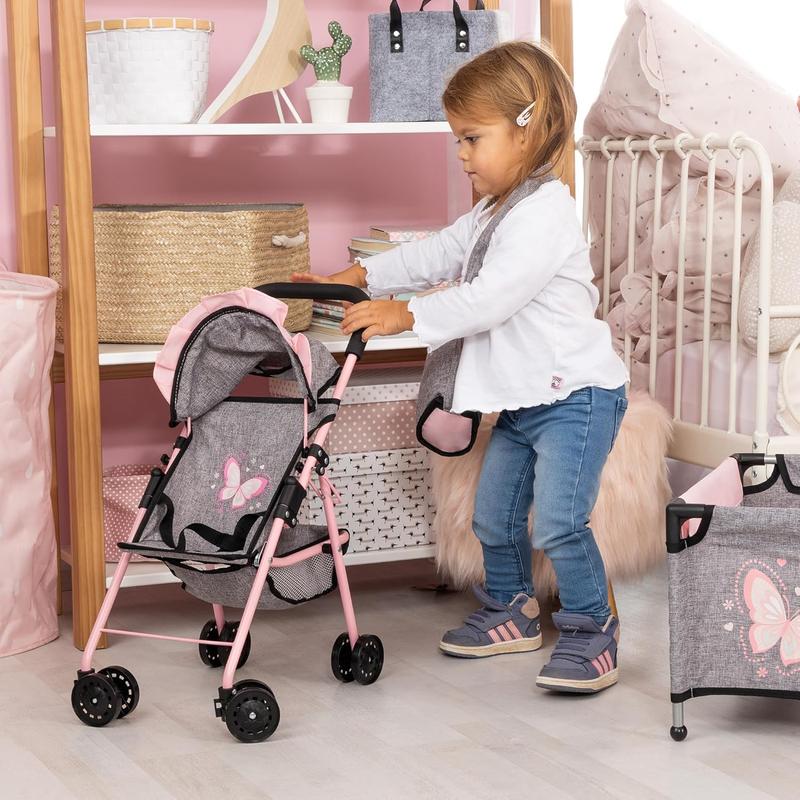 Bayer Design Dolls: Buggy 10 Piece Set - Grey, Pink, Butterfly - Stroller, Play Mat, Bed & Accessories Set for Dolls Up to 18