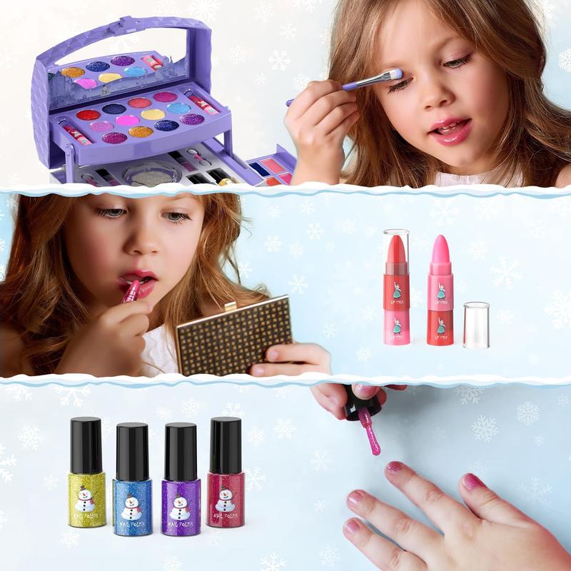 PERRYHOME Kids Makeup Set for Girl 56 Pcs Washable Real Cosmetic, Safe & Non-Toxic Frozen Toys Toddler Makeup Kit, Frozen Princess Dress up Kit Christmas & Birthday Girl Gift for 3-12 (Frozen Purple)