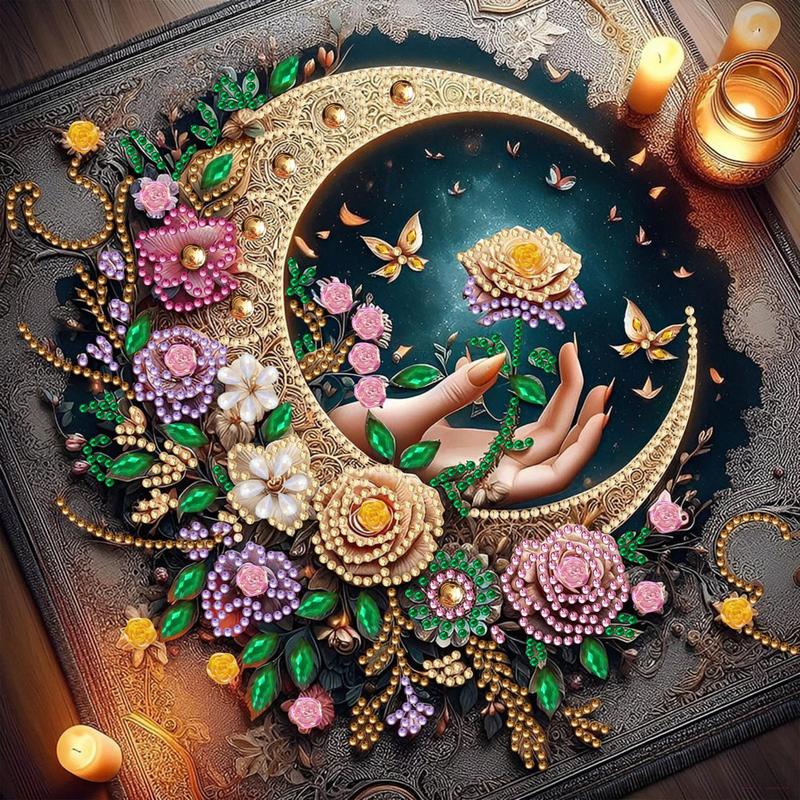 Moon & Flowers & Hand Pattern Irregular Shaped Diamond Art Painting Kit without Frame, DIY 5D Diamond Arts Painting Kit, Wall Art Decor for Home