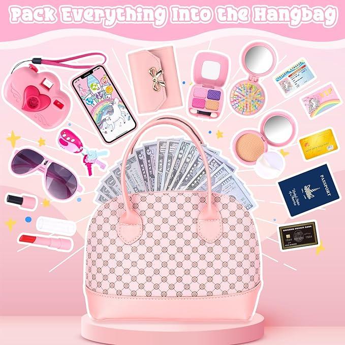 CRISTMAS GIFT 35PCS Little Girl Purse Toy Set with Pretend Makeup and Accessories - Perfect for Imaginative Play and Pretending to be Just Like Mom!