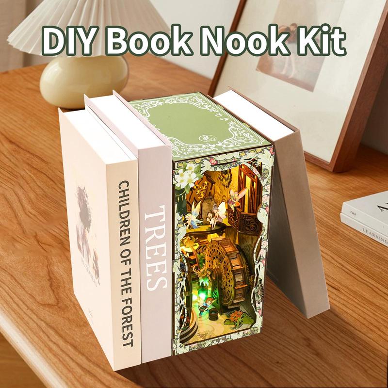 Forest Mystery Book Nook Kit, 1 Box 3D Wooden Puzzle Bookend, DIY Miniature Building Kit with Dust Cover and LED Lights, Bookshelf Decorations