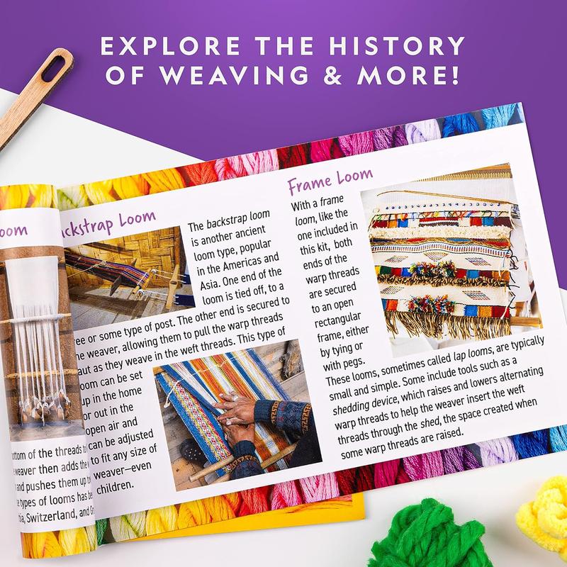 Wooden Arts and Crafts Loom Weaving Kit - Yarn and 3 Fun Designs for Easy Weaving, Child Weaving Set with Loom