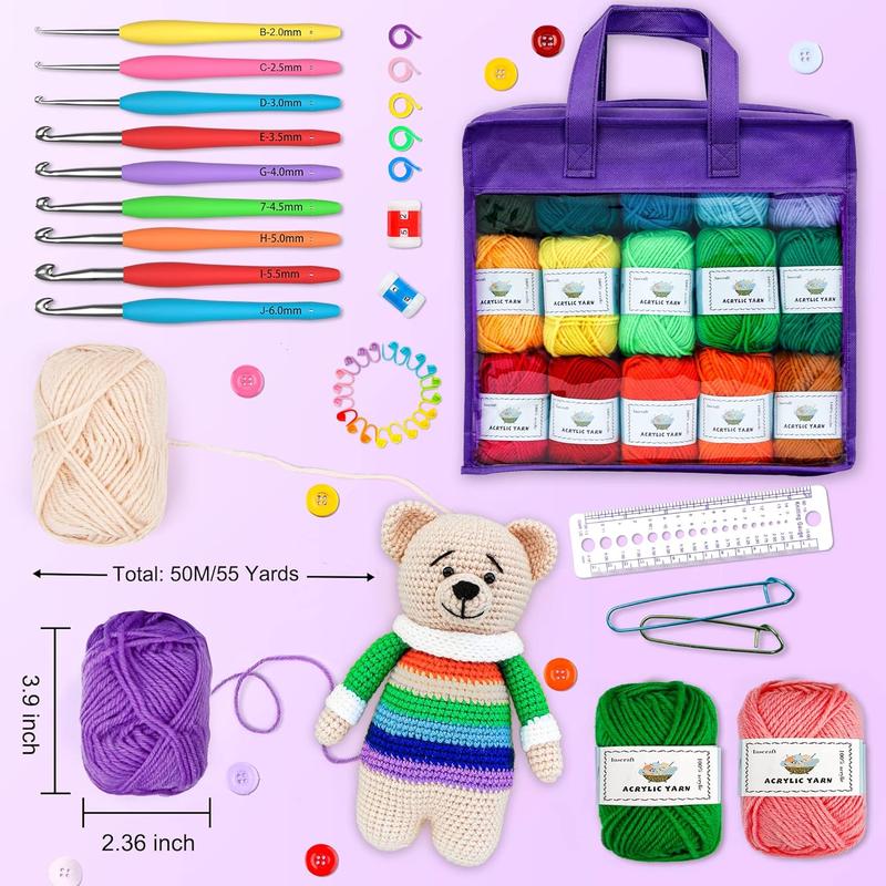 Crochet Yarn Kit for Beginners Adults & , Includes 1650 Yards 30 Colors  Skeins, Hooks, Purple Bag etc, Make Amigurumi & Crocheting Projects, Starter Set for Professionals