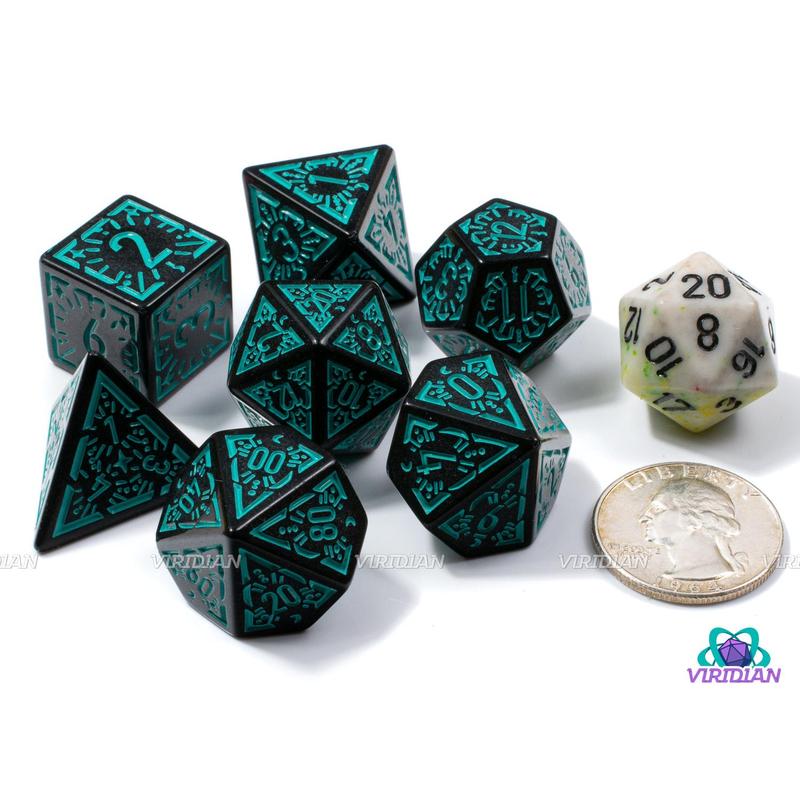 Cyan Night Stars | Black and Teal Ornate Star Design | Acrylic Dice Set (7)