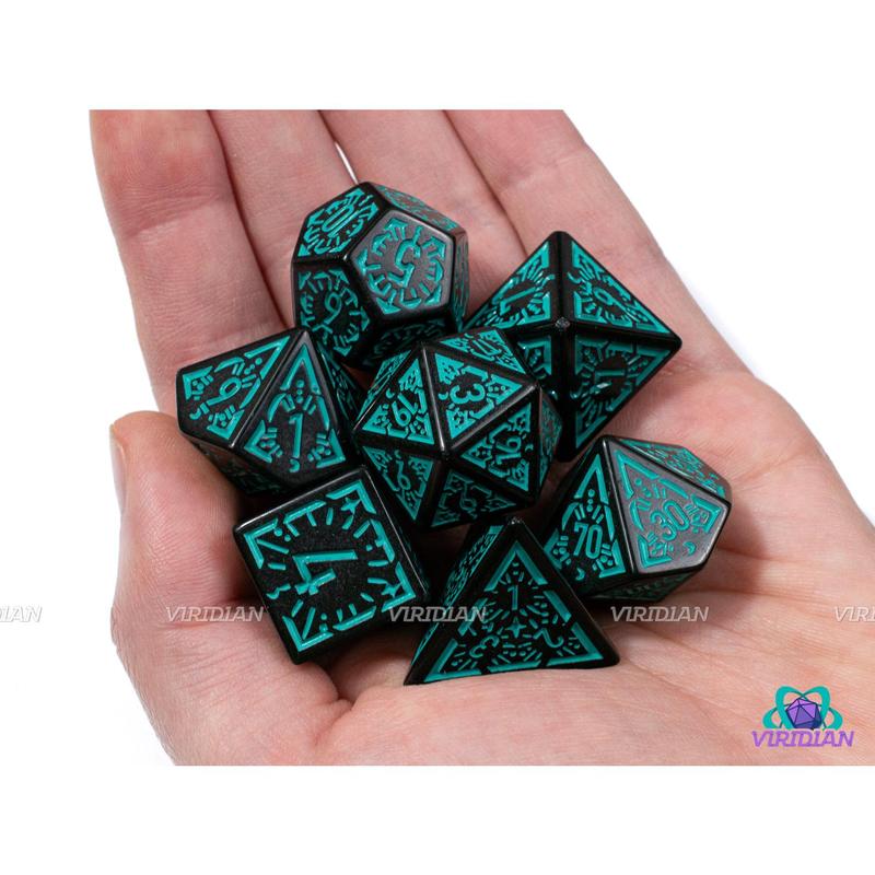 Cyan Night Stars | Black and Teal Ornate Star Design | Acrylic Dice Set (7)