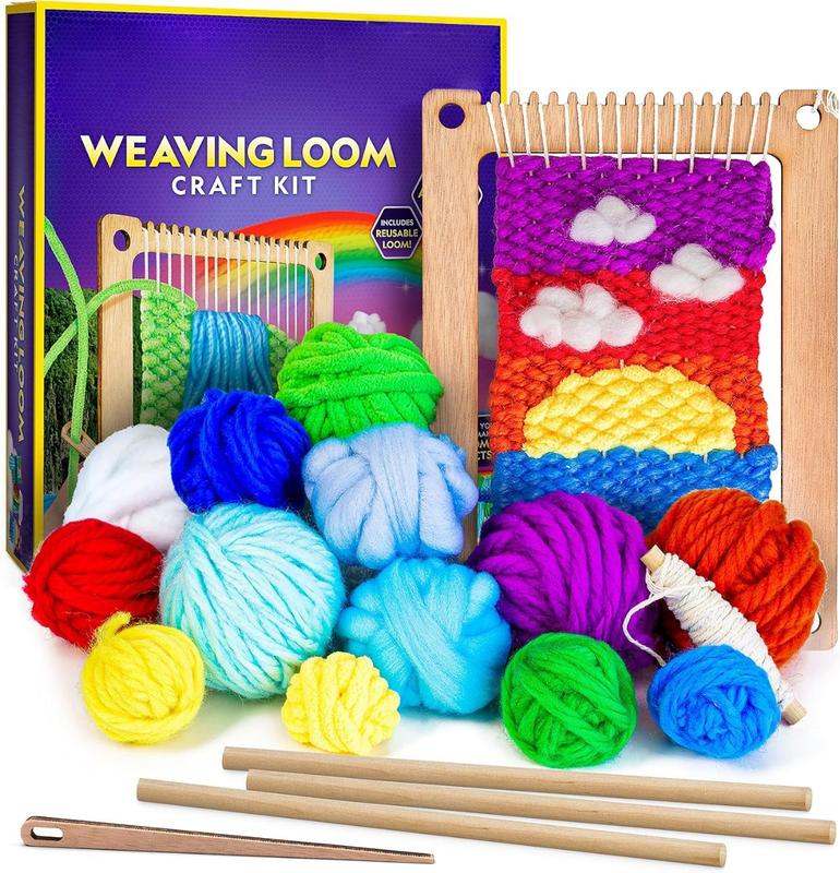 Wooden Arts and Crafts Loom Weaving Kit - Yarn and 3 Fun Designs for Easy Weaving, Child Weaving Set with Loom