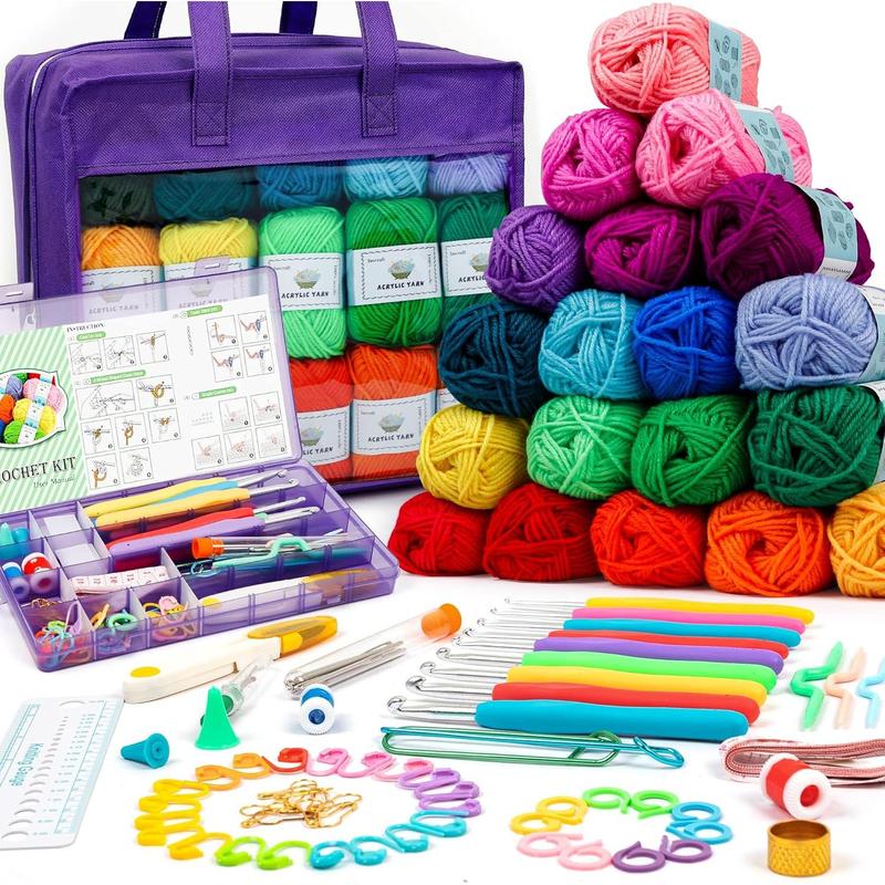 Crochet Yarn Kit for Beginners Adults & , Includes 1650 Yards 30 Colors  Skeins, Hooks, Purple Bag etc, Make Amigurumi & Crocheting Projects, Starter Set for Professionals