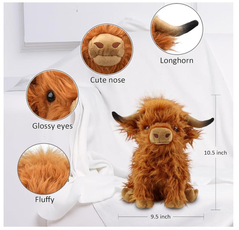 10.5 inches Highland Cows Stuffed Animals, Cute Fluffy Cow Plush Figure Toys Realistic Highland Cattle Plush Decor for Kids Baby Girls Boys