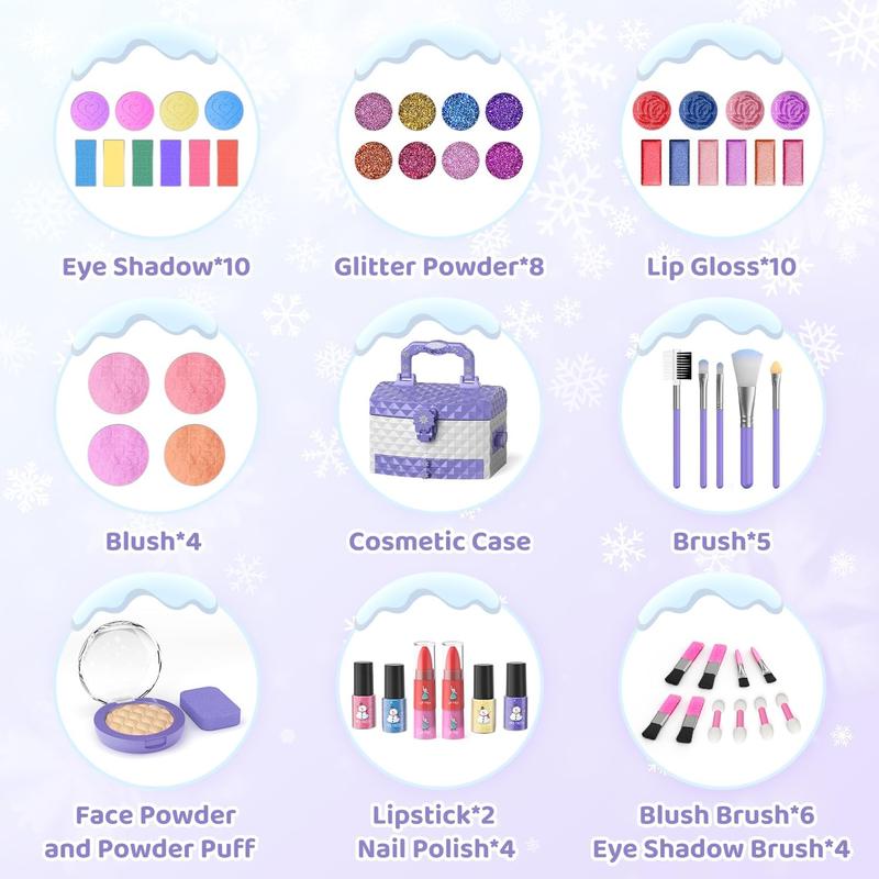 PERRYHOME Kids Makeup Set for Girl 56 Pcs Washable Real Cosmetic, Safe & Non-Toxic Frozen Toys Toddler Makeup Kit, Frozen Princess Dress up Kit Christmas & Birthday Girl Gift for 3-12 (Frozen Purple)