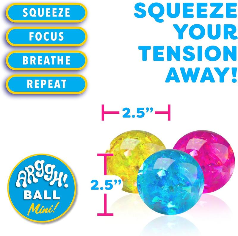 Arggh Glitter Mini Stress Balls - 3pk Squishy Toys for Adults and Kids - Sensory and Stress Relief Fidget Toys (Yellow, Pink, Blue)