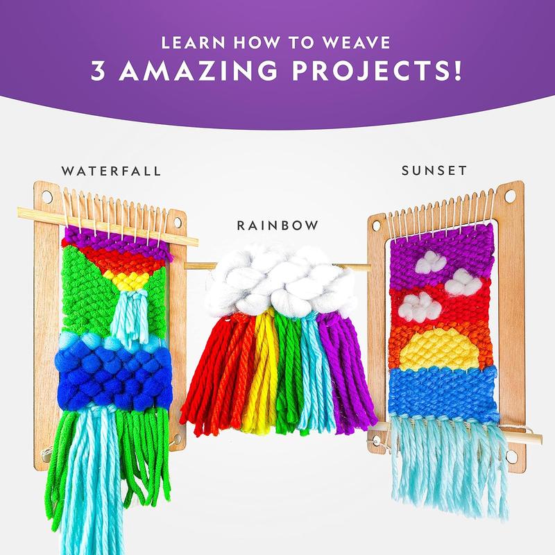 Wooden Arts and Crafts Loom Weaving Kit - Yarn and 3 Fun Designs for Easy Weaving, Child Weaving Set with Loom