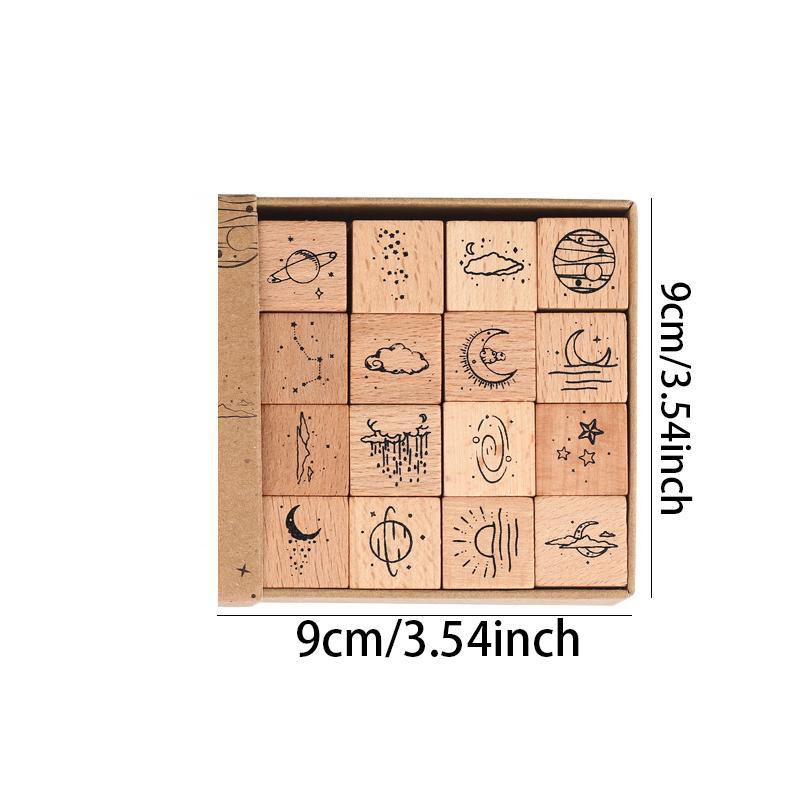 Moon & Star & Planet Pattern Stamp Set, 16pcs set Simple DIY Stamp for Scrapbooking & Journal Making, Office Stationery Supplies