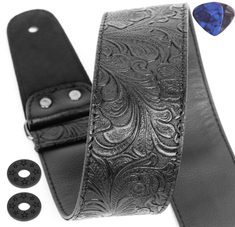 Guitar Strap, Printed Leather Guitar Strap PU Leather Western Vintage 60's Retro Guitar Strap with Genuine Leather Ends for Electric Bass Guitar,Wide Adjustment Range, with Tie,Include 2 Picks,Black