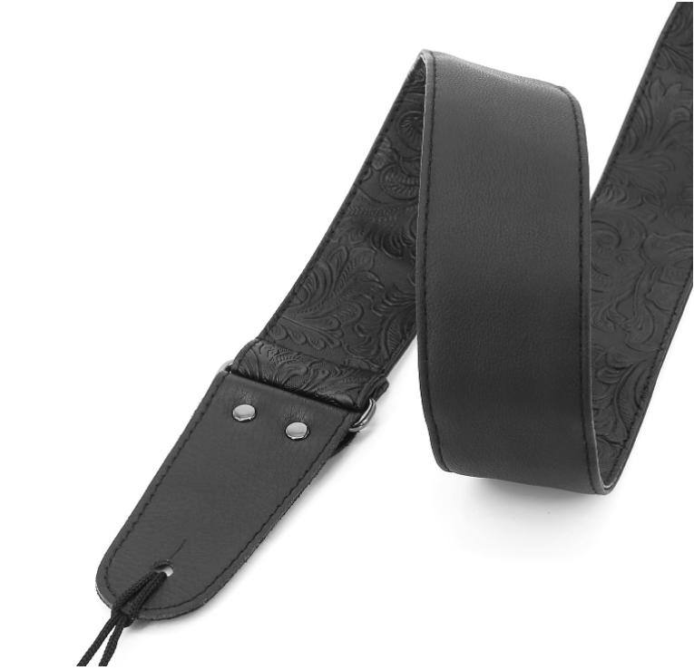 Guitar Strap, Printed Leather Guitar Strap PU Leather Western Vintage 60's Retro Guitar Strap with Genuine Leather Ends for Electric Bass Guitar,Wide Adjustment Range, with Tie,Include 2 Picks,Black