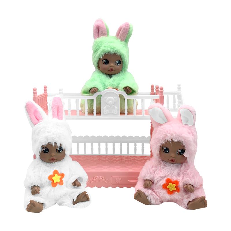 3 Pcs Mini Baby Dolls with Bunk Bed Set, Black Baby Dolls, African American Baby Dollhous, Little Mini Reborn Babies, Cute Doll for Girls Kids, Birthday Baby Shower Party Gifts, Pink Green reborn baby lovely doll