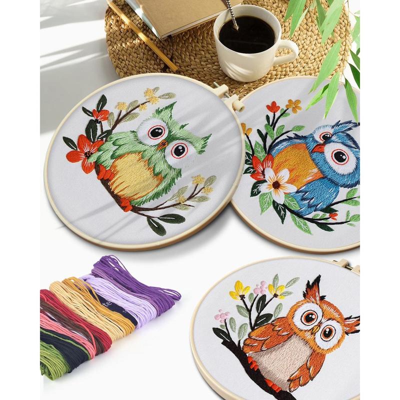 Embroidery Kit for Adults, Owl Embroidery Practice Kit for Adult Beginners Include Embroidery Cloth Hoops Threads for Craft Lover Hand Stitch with Embroidery Skill Techniques