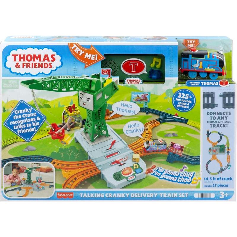 u200BThomas & Friends Motorized Toy Train Set, Talking Cranky Delivery with Track, Sounds & Phrases for Pretend Play Preschool s Ages 3+ Years