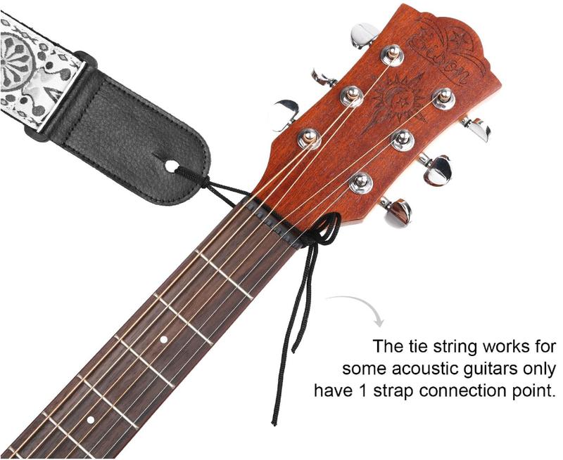 Guitar Strap, Printed Leather Guitar Strap PU Leather Western Vintage 60's Retro Guitar Strap with Genuine Leather Ends for Electric Bass Guitar,Wide Adjustment Range, with Tie,Include 2 Picks,Black